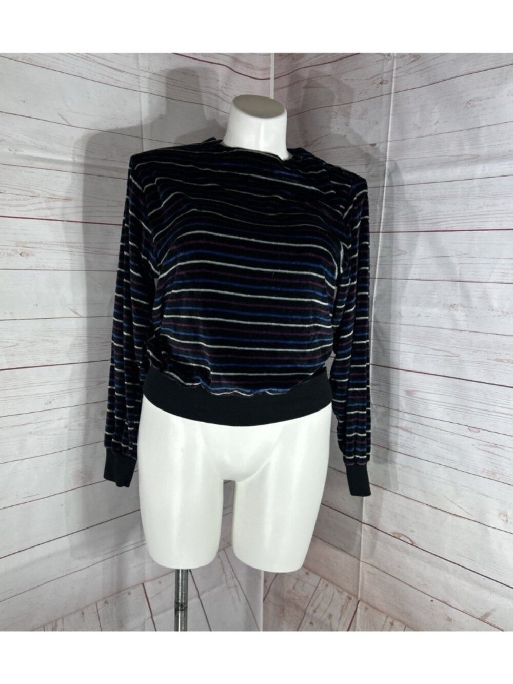 Vintage Ms Casuals Tag XL  velvety shirt, stripes velour Black purple Blue Top